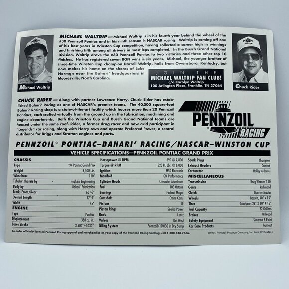 Michael Waltrip #30 1995 Pennzoil Car 8x10 NASCAR Photo of Pontiac Grand Prix - Picture 6 of 7